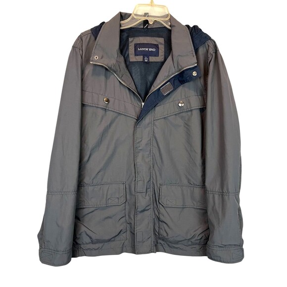 Lands' End Hooded Gray Nylon Windbreaker Jacket  Mens L (42-44)  Water Resistant - Picture 1 of 10